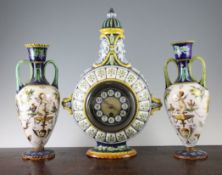 A Ginori maiolica `pilgrim` flask mantel timepiece, c.1900, in 17th century style with grotesque