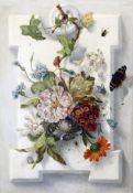 19th century French Schooloil on wooden panel,Clin d`oeil study of flowers, a spiders web and