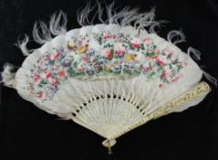 A Chinese export ivory and painted feather fan, 19th century, the feathers decorated with birds amid