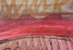§ Sir Sidney Nolan (1917-1992)ripolin on paper,Red landscape,signed,19.5 x 29in.