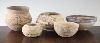 Five Indus Valley pottery bowls, c.3300-1300 BC, each polychrome painted with fish of geometric