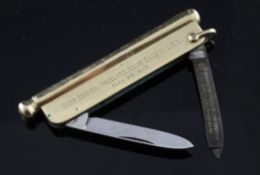 A 1940`s 14k gold mounted combined pen knife/pencil, by Tiffany & Co, with engraved inscription "