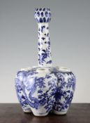 A Chinese blue and white multiple tulip vase, Qianlong mark, 19th century, painted with