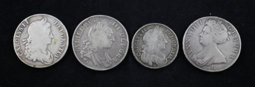 Three English silver crowns and a half crown: comprising a Charles II crown, 1663, good; a William