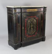 A 19th century French marble top ebonised boulle work side cabinet, with single cupboard door