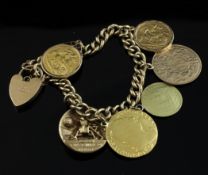 A 9ct gold curb link bracelet, with heart shaped padlock and set with five coins and a charm,