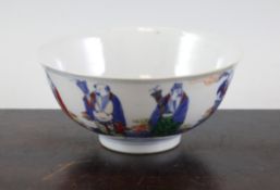 A Chinese Wucai `eight immortals` bowl, early 20th century, each figure standing and floating on a
