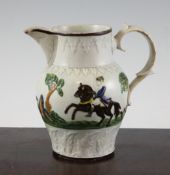 A Pearlware military review jug, c.1810, painted in Pratt type colours and moulded with figures,