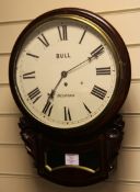 An early Victorian brass inset mahogany drop dial wall clock, with Roman dial signed Bull,