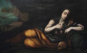 19th century Spanish Schooloil on canvas,The Penitent Magdalene; a seaport beyond,42 x 62in.