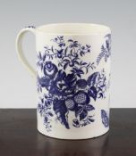 A Worcester large mug, c.1775, transfer printed in blue with the pine cone pattern, underglaze