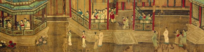 Chinese School 19th century, a long panoramic scroll, depicting court figures amid palace