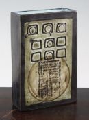 A Troika rectangular slab vase, the front moulded with nine rectangles above a circular medallion,