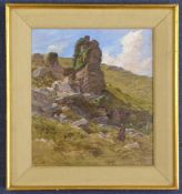 Attributed to Arthur Hughes (1832-1915)oil on card,Figure beside a rocky outcrop,monogrammed,12 x