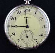 A 1930`s parcel gilt 800 standard silver Eterna keyless pocket watch, with Arabic dial and