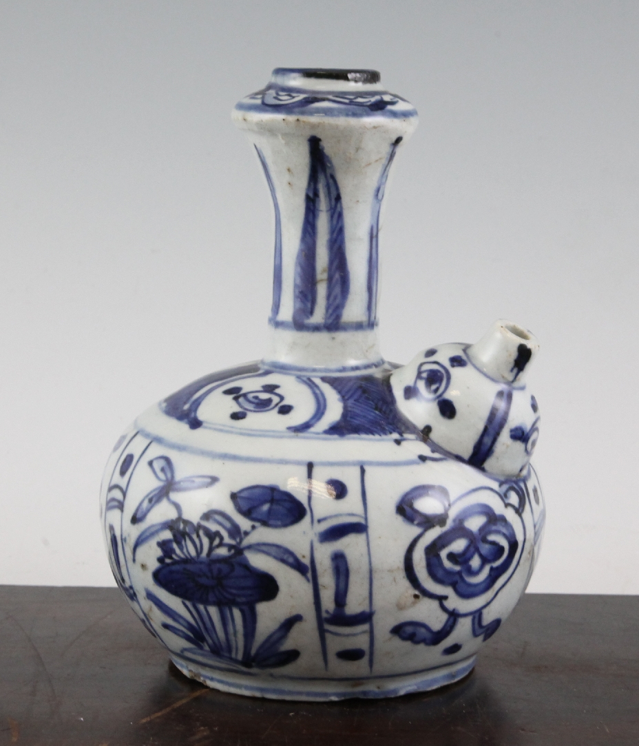 A Chinese late Ming blue and white Kendi, Wanli period, of typical compressed globular form