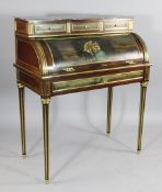 A Louis Philippe Vernis Martin mahogany cylinder bureau, with marble top and fluted tapering legs,