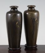 Two Japanese inlaid bronze slender ovoid vases, Meiji period, each decorated with a cockerel perched