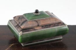 A spinach green jade, jasper and white metal mounted box and cover, probably Russian, of rectangular