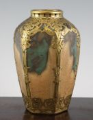 A Continental high-fired porcelain and gilt copper mounted hexagonal vase, c.1900, with pierced