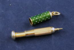 A late Victorian gold and enamelled propelling pencil by Samson Mordan & Co, closed 1.25in. Starting