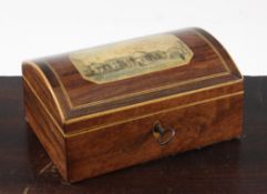 A 19th century Tunbridgeware rosewood box, the dome lid with a printed view of Brighton Pavilion,