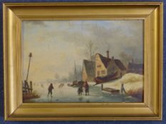 19th century Dutch Schooloil on wooden panel,Skaters on a frozen lake,7.5 x 10.75in. Starting Price: