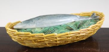 A Victorian George Jones majolica oval fish dish and cover, late 19th century, modelled as a trout