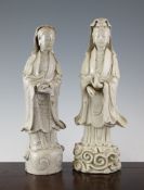 Two Chinese blanc de chine crackle glaze figures of Guanyin, Dehua, 17th / 18th century, each in