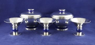 A set of three French Art Deco silver plated and lapis lazuli bonbon dishes, by Jean, Puiforcat,