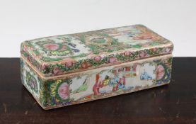 A Chinese Canton decorated famille rose pen box and cover, of rectangular form, decorated with