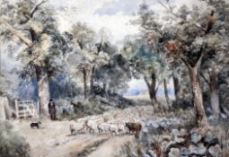 David Cox (1783-1859)watercolour,Shepherd and flock on a lane,signed and dated 1840,13.75 x 20.25in.