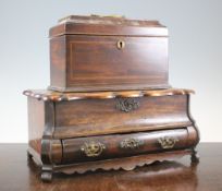 A 19th century continental oak bombe commode box, with hinged lid and drawer on scroll feet and a