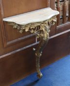 A 19th century marble top and giltwood console table, with single scroll leg and leaf and berry