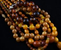 A double strand graduated amber bead necklace, and four other assorted necklaces. Starting Price: £