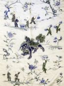 A Chinese embroidered silk panel, late 19th / early 20th century, woven with a lion-dog and cub amid