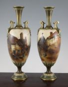 A pair of Royal Worcester ivory ground vases, date code for 1908, the ovoid bodies transfer