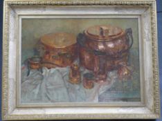 Mary Remington (1910-)oil on canvas,Still life of copper wares,signed,24 x 33in. Starting Price: £