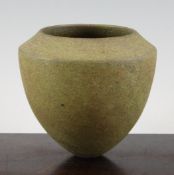 Jennifer Lee (1956-). A stoneware half oviform vase, with olive green and brown glaze, unmarked, 5.