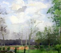 Patrick George (1923-)oil on canvas,`Trees and Sky and Pond`,signed,44.75 x 50in.Works in Public