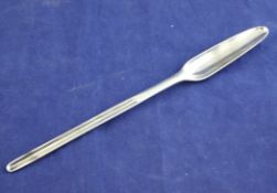 A George II silver marrow scoop, with engraved armorial, indistinct maker`s mark, London, 1747, 9in.