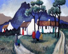 § Markey Robinson (1918-1999)gouache,Shawlies by cottages,signed,14.5 x 18.75in. Starting Price: £