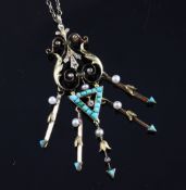 An Edwardian gold, enamel, diamond, turquoise and seed pearl set drop pendant necklace, of foliate