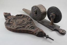 A set of Victorian brass mounted mechanical bellows, 24in. together with a set of carved oak bellows