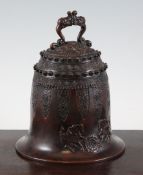 A Japanese brown patinated bronze bell, late 19th century, cast in relief with winged horses and