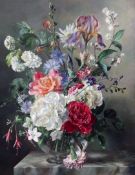 § Barbara Shaw (b.1924)oil on wooden panel,Summer flowers in a glass vase upon a ledge,signed and