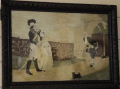 A 19th century woolwork picture, depicting three figures and attendant dogs within a stiff leaf