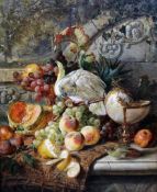 J.D. Adam (19th C.)oil on canvas,Still life of fruit on a ledge with a cockatoo,signed and dated