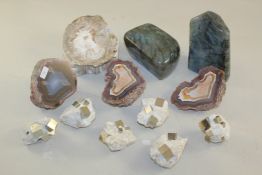 A selection of minerals, comprising three Argentinian agate nodules; six Spanish Pyrites in matrix