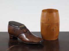 A 19th century rosewood shoe shaped snuff box, 5in. together with a barrel shaped boxwood pounce pot